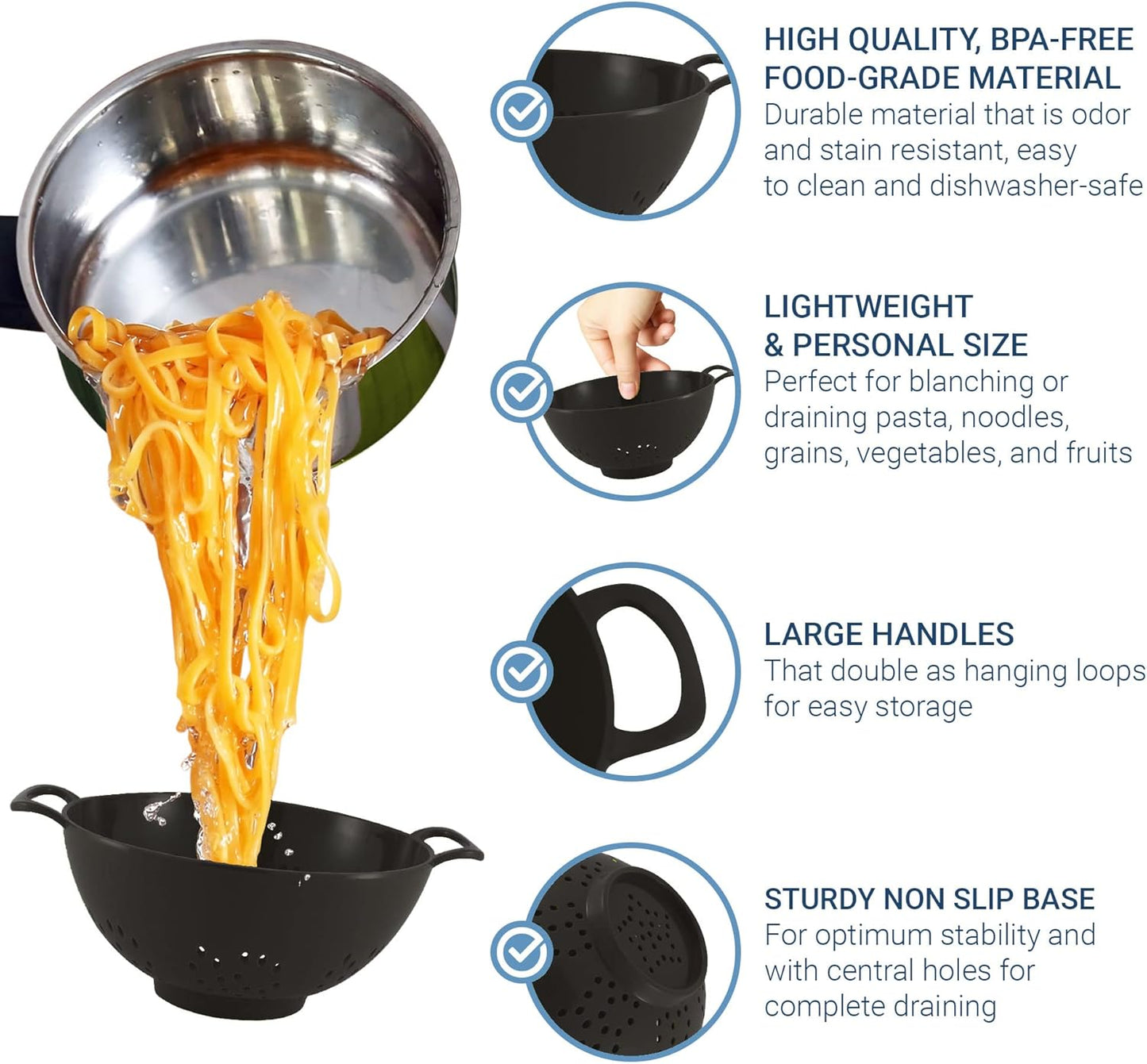 Meadow Lane 6-inch Small Colander, BPA-Free, Dishwasher Safe, Double Handles, Compact Food Strainer for Berries, Veggies and Pasta, 3-Cup Capacity, Smooth White
