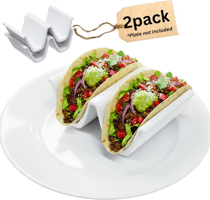 HolaTasty Taco Shell Holder Ceramic, Taco Gifts for Thanksgiving Christmas - Taco Holders Set of 2, Dual Taco Stand for Plates - Hold Street/Hard Shells, Mini Taco Night Accessories for Taco Lovers
