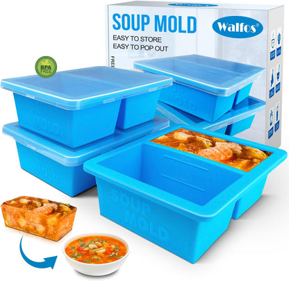 Walfos Silicone Freezer Tray with Lid - 1.5Cup Silicone Food Freezer Tray - Soup, Sauce, leftovers, Homemade Meal Prep Freezing Kitchen Storage Containers - 4pcs-blue