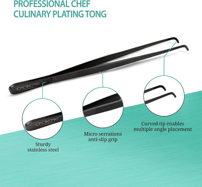 O'Creme Stainless Steel Precision Kitchen Tweezer Tongs with Serrated Tips for Gripping (10" Curved, Silver)