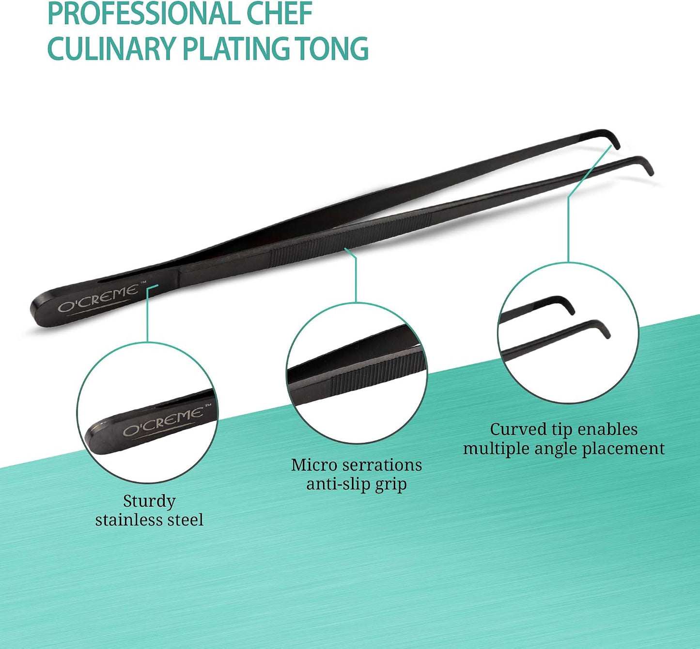 O'Creme 12 Inch Stainless Steel Precision Kitchen Culinary Tweezer Tongs (12" Curved, Rose Gold)