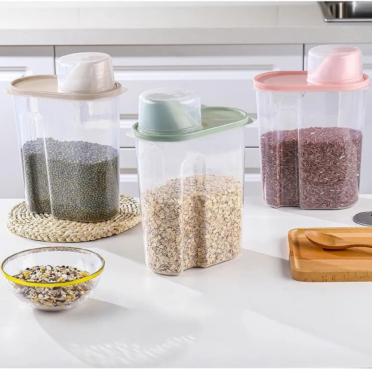 3pcs Rice Storage Bin, 1.9L Cereal Storage Container Food Airtight Container with Pouring Spout abd Measuring Cup for Oatmeal, Grain, Pasta, Flour, Dog Cat Food Canister(Pink&Blue&Green)