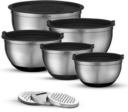 Belwares Mixing Bowls with Lids Set of 5 - Stainless Steel Mixing Bowl Set, Kitchen Nesting Metal Bowls with Non Slip Bottoms + 3 Grater Attachments, Airtight Lids, Food Prep + Storage, Matte Black