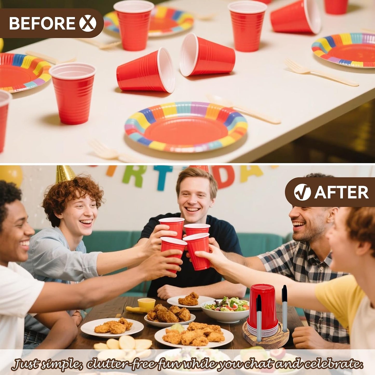 Party Cup Holder with Marker Slot, Acacia Wood Bathroom Cup Dispenser Mark Your Cup and Drink Up, Hosting Essential to Prevent Mix-Ups & Mark Your Cup for Birthdays, BBQs, Holiday Events