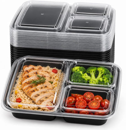 3 Compartment Food Containers with Lids, 25 Pack, 38 Oz Take Out Containers, Reusable Meal Prep Containers, Microwave Safe Lunch Boxes, Food Storage Containers for Catering, Restaurant & To Go Meals