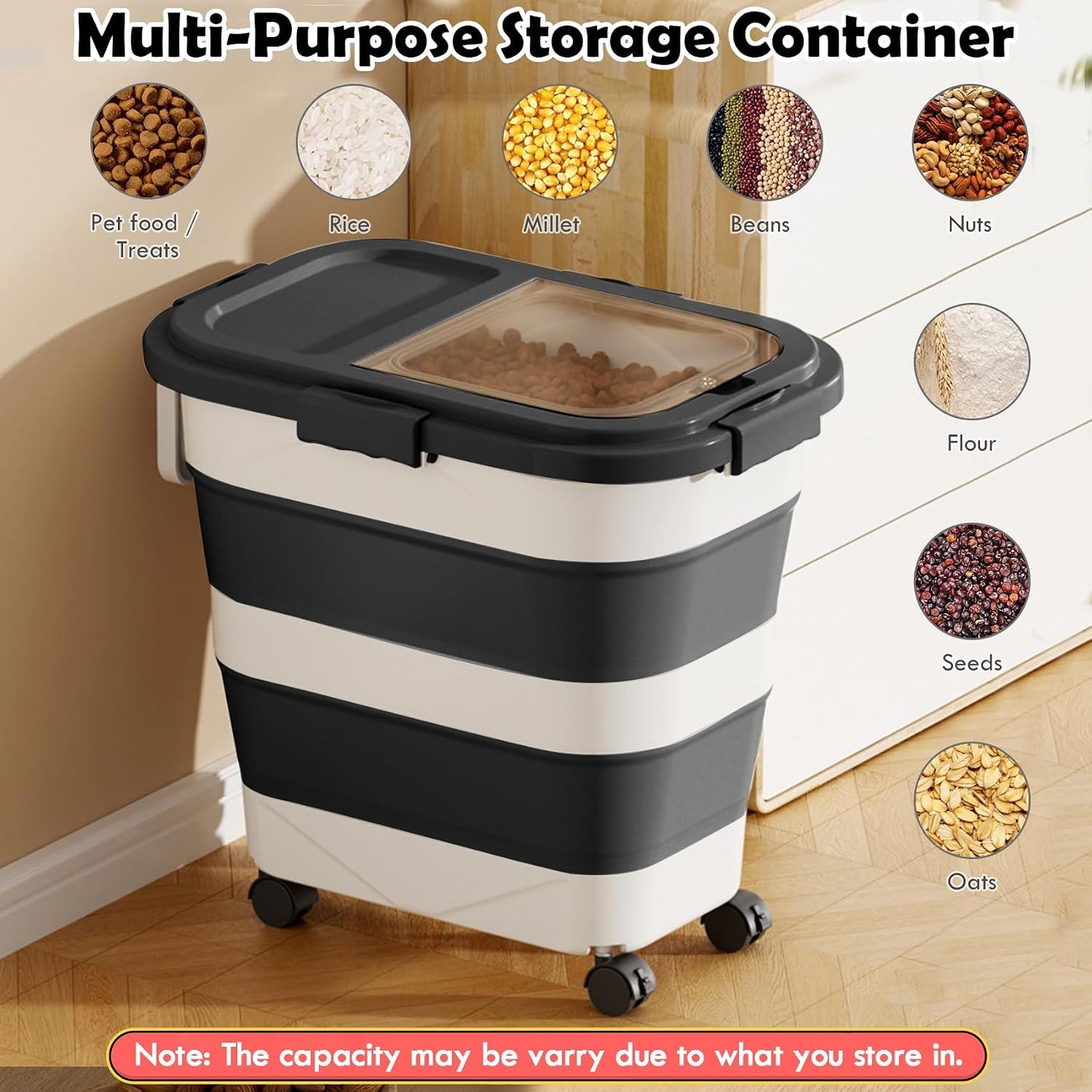 Dog Food Storage Container, 25Lbs Large Collapsible Pet Cat Food Container with Airtight Lids Wheels Handle Scoop Measuring Cup Small Container, Rice Kitchen Dry Food Storage Dispenser Bin (Black)