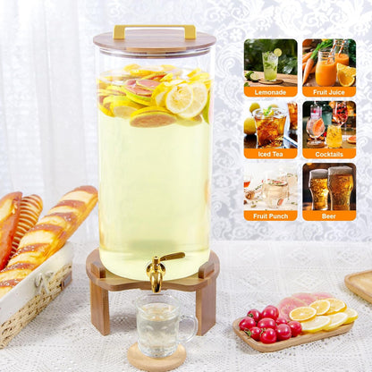 2.5 Gallon Drink Dispenser with Wood Lid & Stand, Large Glass Beverage Dispenser with Stainless Steel Spigot, Lemonade Pitcher for Parties, Weddings, Iced Tea, Water