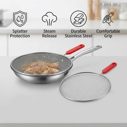 2 Splash Grease Screen for Frying Pans, Stainless Steel Oil Splatter Grease Splatter Guard for Frying Pan, Kitchen Cooking Protection, Splatter Guard with Heat Resistant Handles