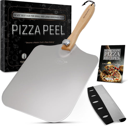 Large Pizza Peel 16 inch - Extra Large Metal Pizza Peel with 14 inch Stainless Steel Pizza Cutter Rocker, Pizza Paddle with Folding Handle (13"x16" with 14" Cutter)