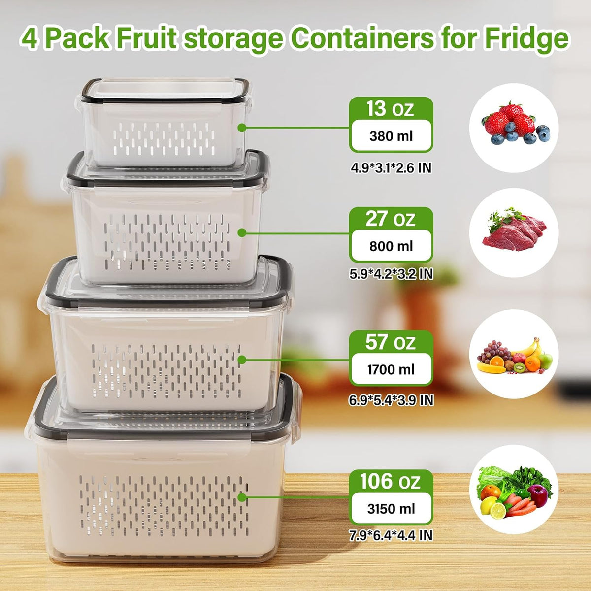 4 PCS Fruit Storage Containers for Fridge, Produce Containers for Fridge with Removable Colander, All-In-One Fruit Washing Bowl with Strainer Microwave/Dishwasher Safe for Salad Berry Lettuce Keeper