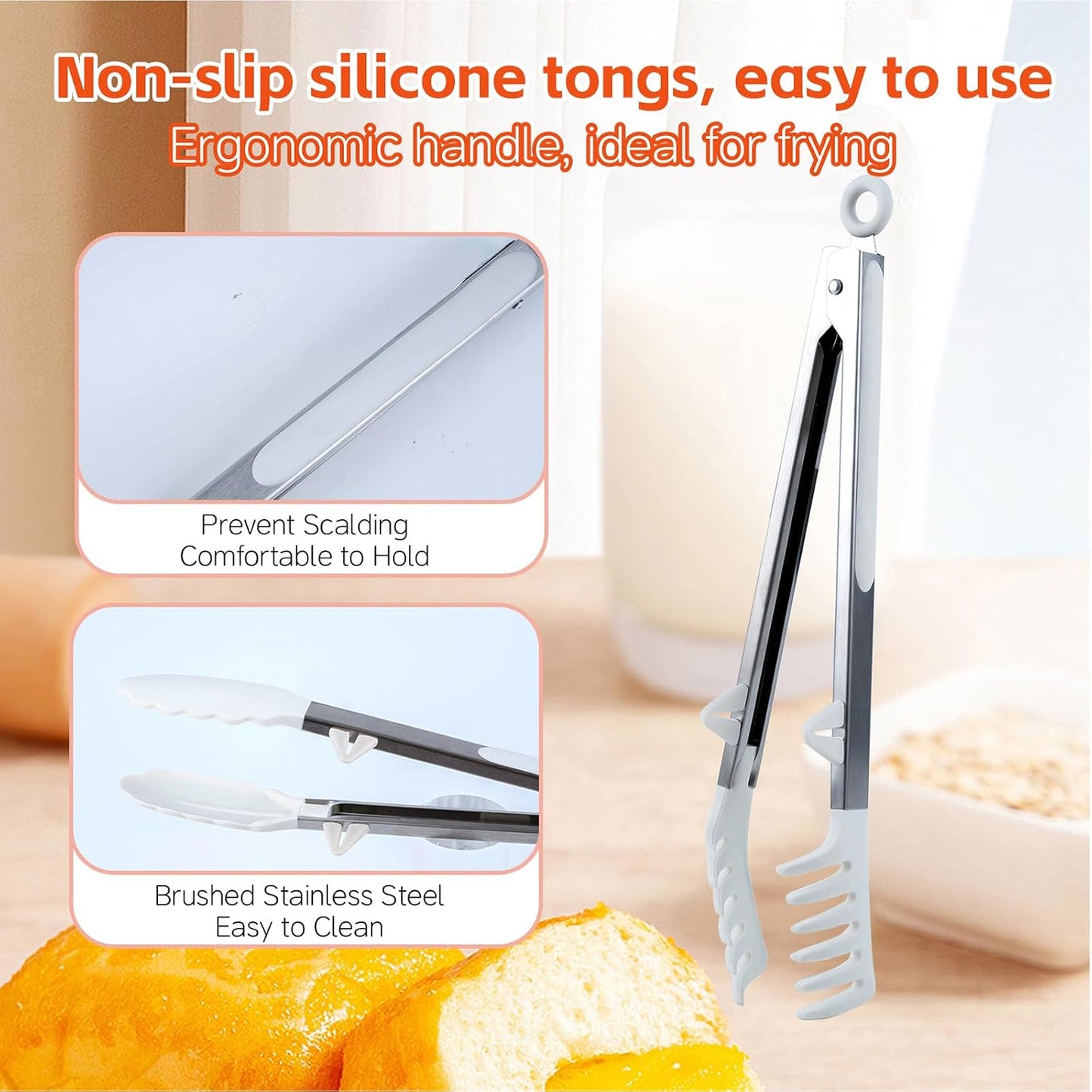 Kitchen Tongs,Set Of 3 Tongs with Silicone Tip for Cooking 9/12 Inch Stainless Steel Kitchen Tong for Meat,Food Grill,Salad,BBQ,Frying,Serving,Dishwasher (Black, 12 Inch)