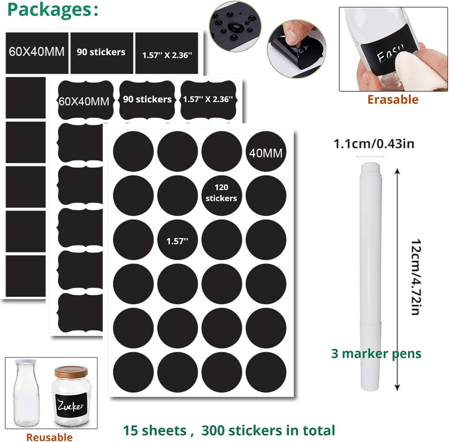 Chalkboard Labels 180 Pcs Waterproof Reusable Label for Food Containers Chalk Sticker Labels with 2 Liquid Chalk Markers for Mason Jars, Parties Decoration, Craft Rooms, Storage, Home, Kitchen