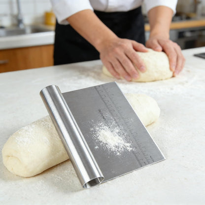 RUPOHIU Dough Scraper for Baking, Stainless Steel Bench Scraper with Measuring Scale - Pizza Cutter, Pastry Chopper for Bread, Cake and Dough, Food Scraper Tool