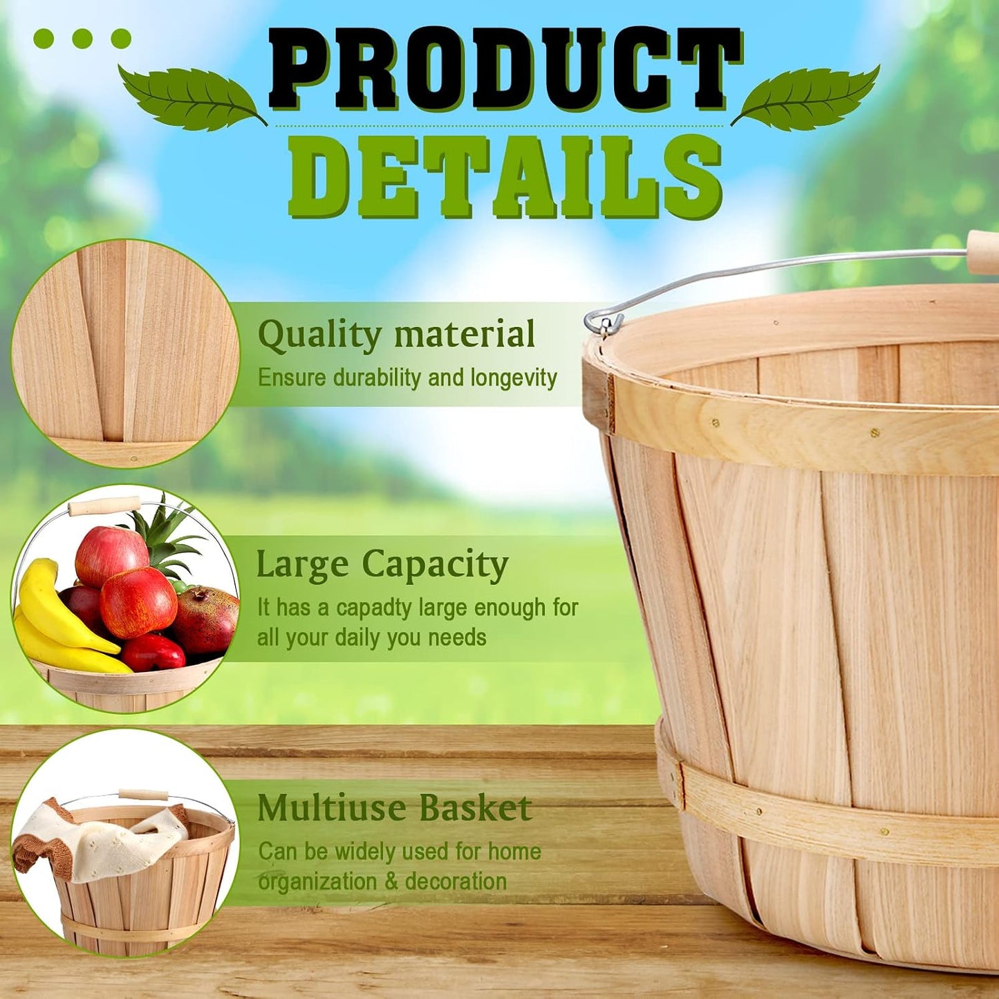 6 Pack 11 x 6.7'' Large Round Wooden Baskets with Handles, Handmade Wood Basket, Bushel Baskets, Farmers Market Baskets, Apple Baskets, Wooden Baskets for Indoors Outside Personal or Commercial Use