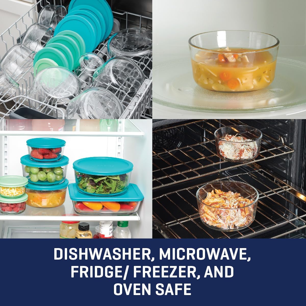 Anchor Hocking 12 Piece Glass Storage Containers with Lids (6 Glass Food Storage Containers & 6 Navy Blue SnugFit Lids)