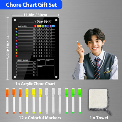 PigPotParty 2-in-1 Acrylic Magnetic Chore Chart for 2 Kids, Couples, Roommates, 15"x11" Large Dry Erase Chore Board for Fridge, Clear Weekly & Daily Reward Chart, Includes 12 Markers & Towel