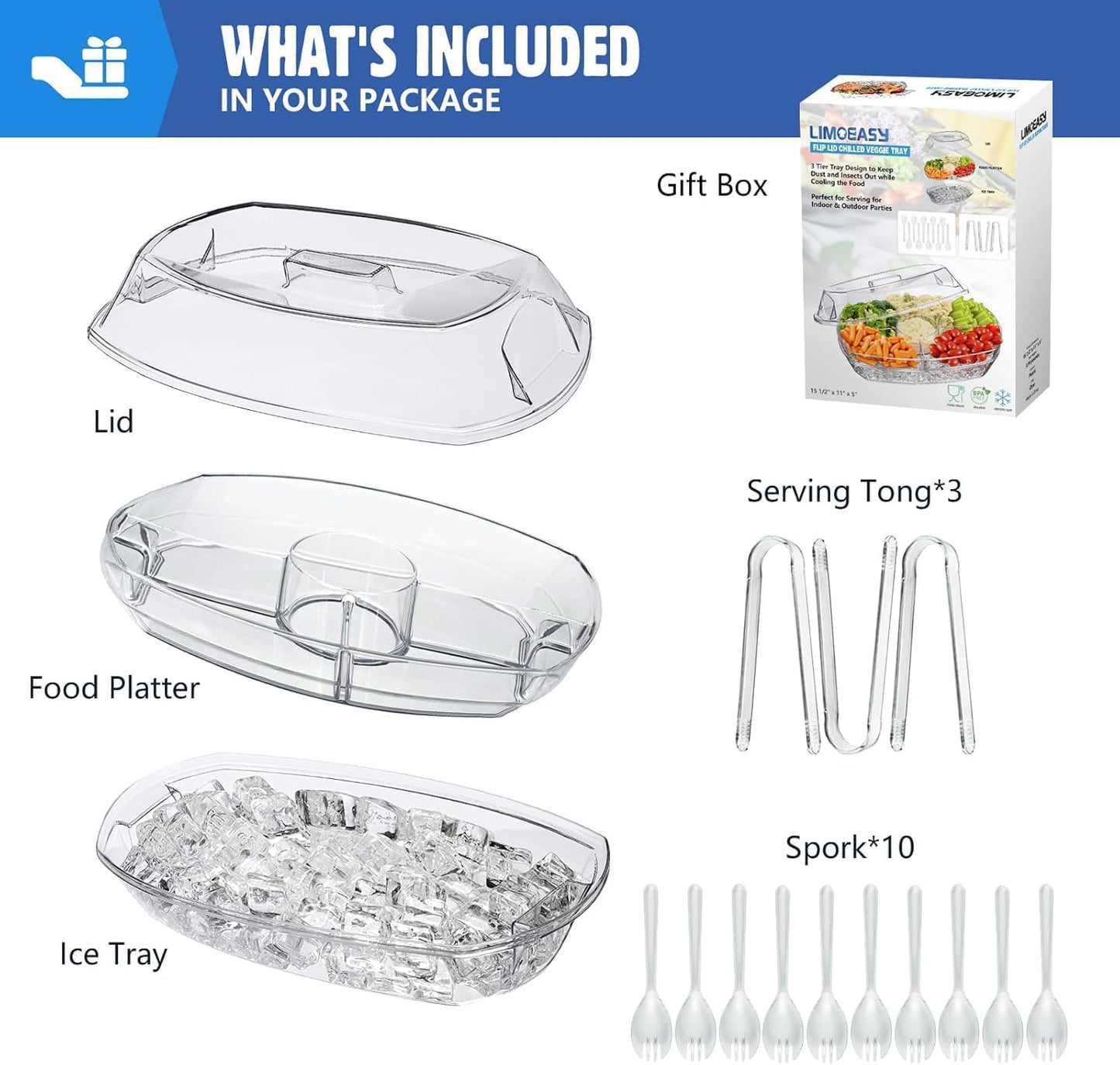 LIMOEASY Chilled Veggie Tray, 15 Inch Clear Party Platter with 4 Compartments, Ice Serving Bowl with Lid, Cold Food Buffet Server for Fruit, Vegetable, Appetizer, Shrimp
