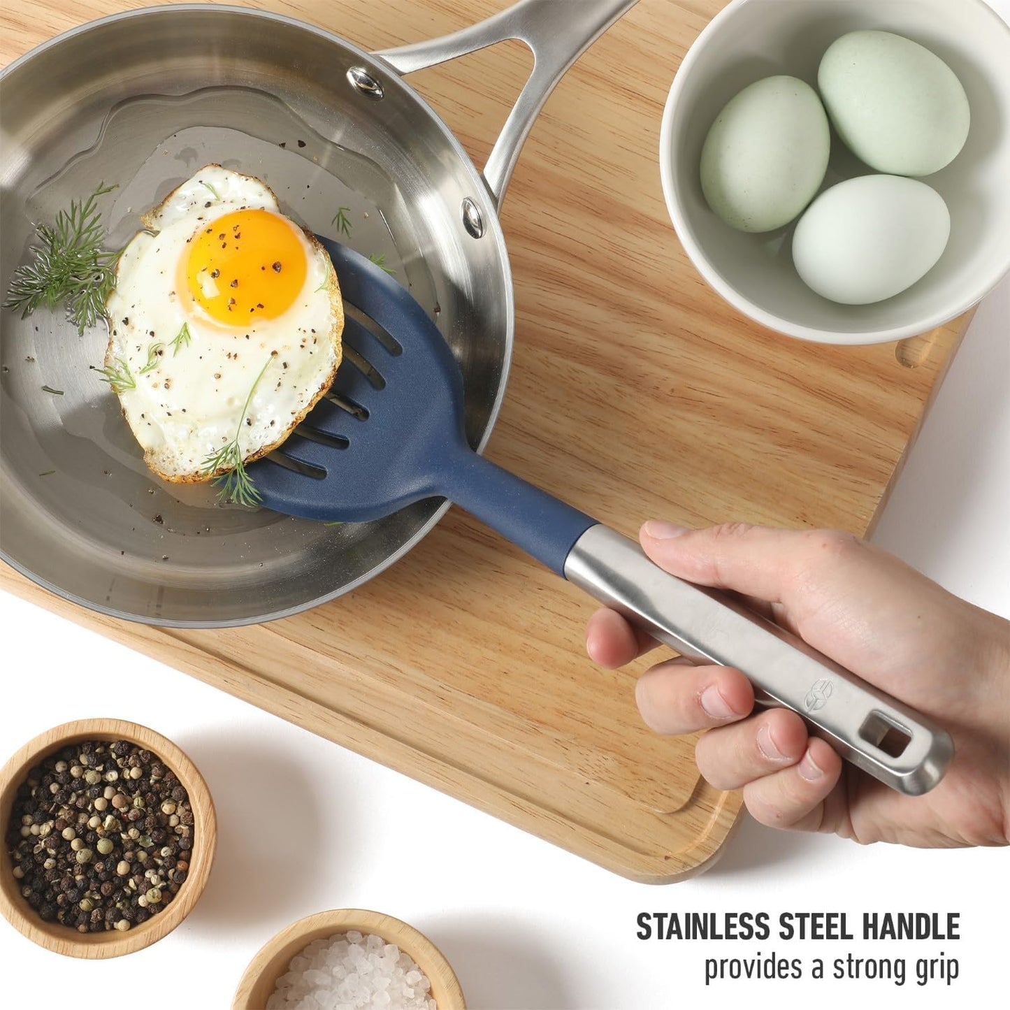 Calphalon Slotted Turner, Kitchen Flipping Spatula, Slotted Spatula, Stainless Steel Turner with Silicone Heat Resistance Handle, Nonstick-Safe Spatula for Draining and Flipping (Navy)