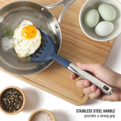 Calphalon Slotted Turner, Kitchen Flipping Spatula, Slotted Spatula, Stainless Steel Turner with Silicone Heat Resistance Handle, Nonstick-Safe Spatula for Draining and Flipping (Navy)