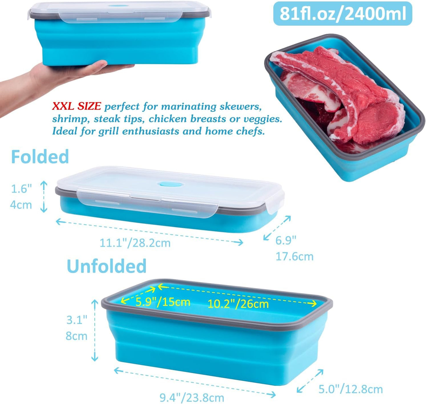 Collapsible Food Storage Containers with Lids, 4 Pack, 40 oz Silicone 1-Compartment Meal Prep Containers Reusable, Lunch Bento Boxes for Adults, Microwave Freezer Dishwasher Safe, BPA-Free, Black