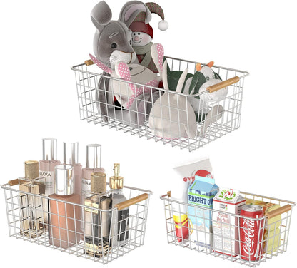 YOUVIP Wire Storage Baskets with Wooden Handles, 3 Pack Metal Organizer Baskets for Kitchen, Pantry, Freezer, Laundry,Farmhouse,Bathroom Baskets for Organizing,Black (1 Small, 1 Medium, 1 Large)
