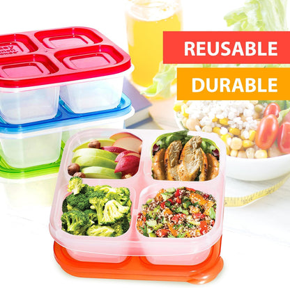 Finorder 6 Pack 4-Compartment Snack Containers, Reusable Food Containers for Kids School, Adults Office, Picnic Trip, Lunch Bento Box Meal Prep Containers (Bright Color Set)