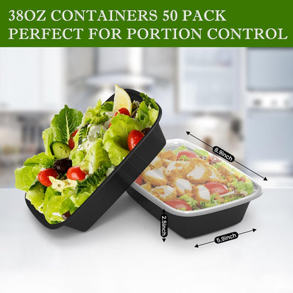 RANLITTLE Meal Prep Containers 50 Pack 38oz Reusable, Leakproof Food Storage Containers with Lids, BPA-Free Plastic To Go Take Out Bento Box Stackable Microwave & Freezer Safe