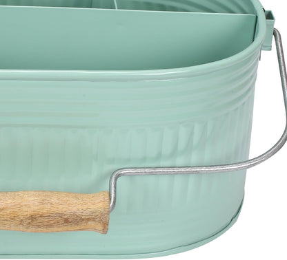 Alpha Living Home Galvanized Metal Utensil Caddy - Rustic Farmhouse Organizer Metal Garden Caddy with 4 Compartments and Wooden Handle for Kitchen, Buffet & Outdoor Events (Silver)