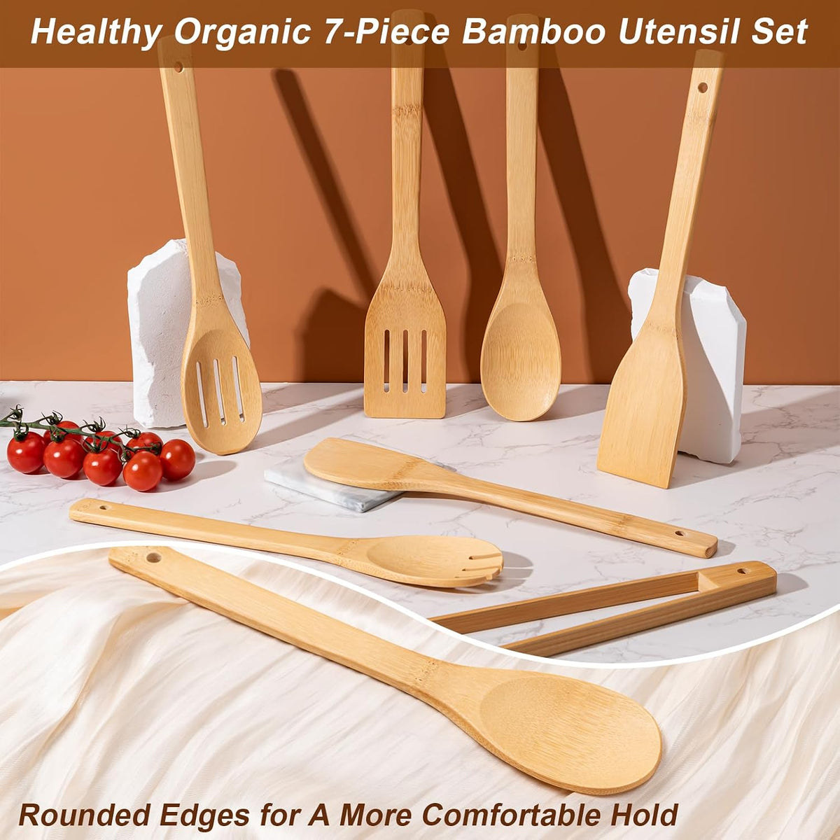 Eisinly 7-Piece Wooden Cooking Spoons, Natural Bamboo Utensil Set