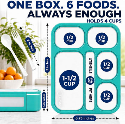 kinsho Lunch Box for Kids Boys Girls - Bento Box Set with Insulated Bag and Ice Pack, 6 Compartment Leak Proof Food Container, BPA-Free, Microwave Safe, Ideal for School & Work, Teal