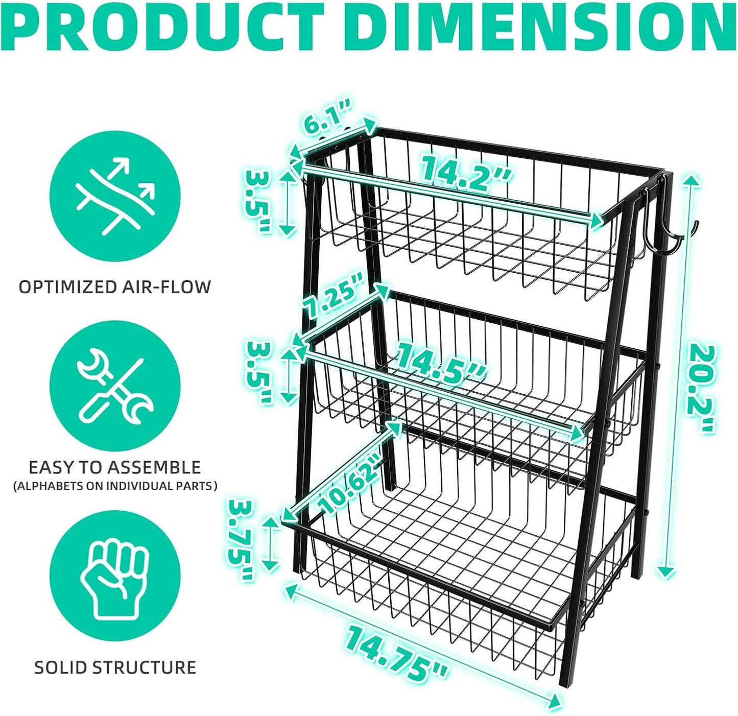 Simple Trending Fruit Basket 2-Tier Detachable, with Banana Hangers & Rust-Proof Metal Mesh, Ventilated Kitchen Organizer for Countertop, Perfect for Fruits, Vegetables, Snacks Storage