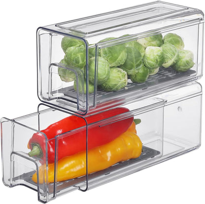 Pull Out Clear Fridge Organizer Drawers with Drainer, Refrigerator Stackable Storage Bins for Kitchen Fruit & Veggie Organization (Complete Set)