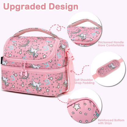 FlowFly Kids Double Decker Cooler Insulated Lunch Bag Large Tote for Boys, Girls, Men, Women, With Adjustable Strap, Unicorn