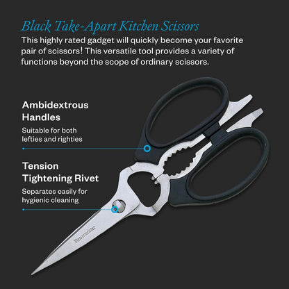 Messermeister 8-Inch Take-Apart Kitchen Scissors, Black - Includes Screwdriver, Nut Cracker, Jar Lid Opener/Gripper, Bottle Opener & Bone + Twig Cutter - Suitable for Lefties & Righties