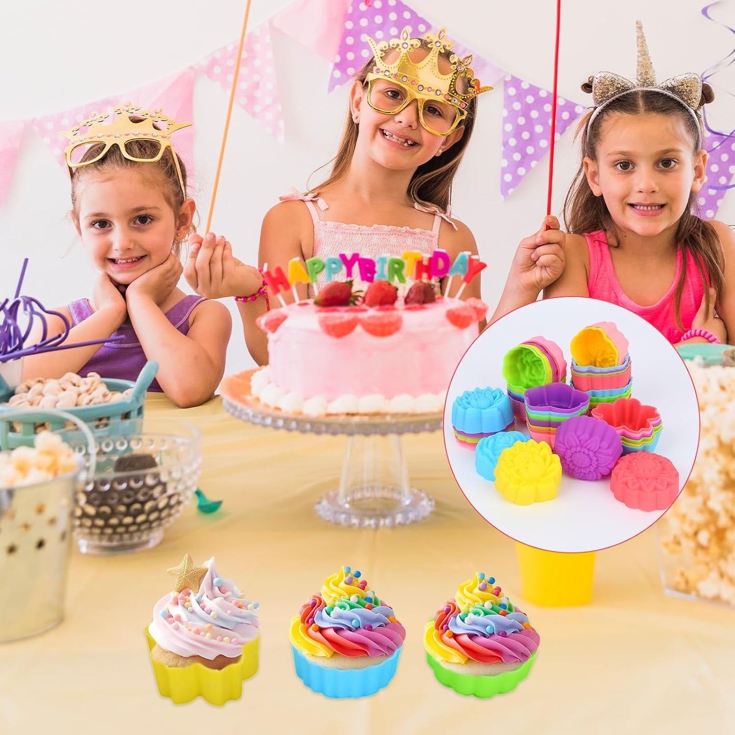 42pcs Reusable Silicone Baking Cups, 7 Styles Flower Shaped Silicone Molds Non-Stick Mini Cupcake Cases & Muffin Liners for Baking Jello Candy Soap Making (Multi-Color)