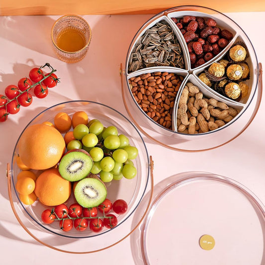 Round Plastic Divided Snack Box with Lid & Handle – Snackle Box Container for Fruits, Veggies, Candy, Travel, and Party Serving.