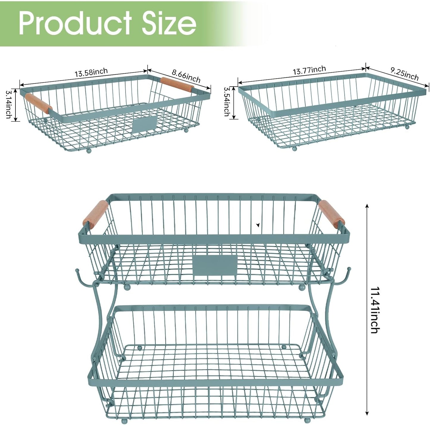 Fruit Basket Bowl 2 Tier Detachable with 2 Banana Hangers, Fruit Stand Holder for Kitchen Countertop, Metal Wire Vegetable Storage Organizer, for Bread Snack Veggies Produce, Black