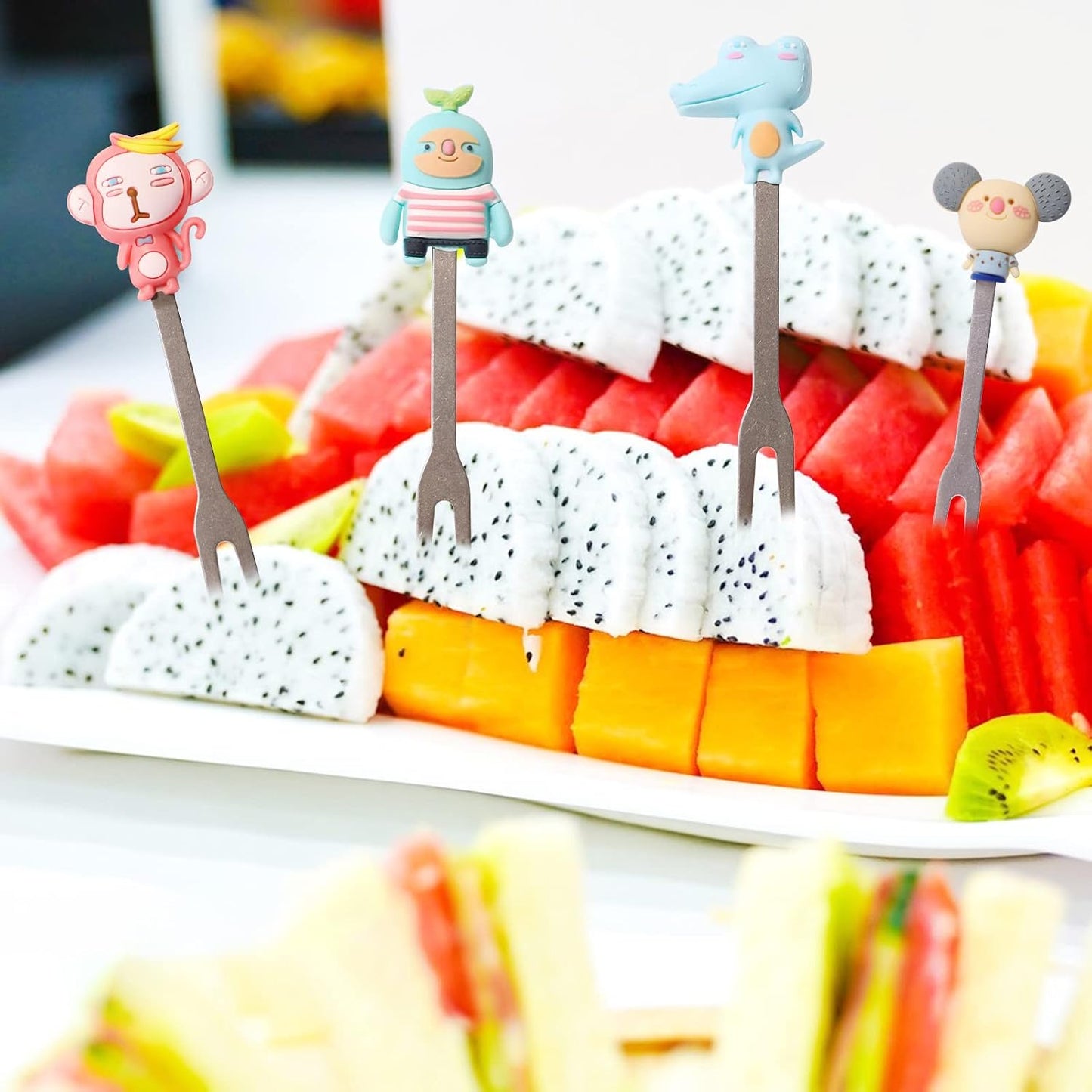 18 Pcs Food Picks for Kids with 3 Ceramic Jars, Set of 3 Cute Cartoon Fruit Forks Kids Stainless Steel, Animal Food Picks Fruit Picks for Kids Bento Picks for Appetizers