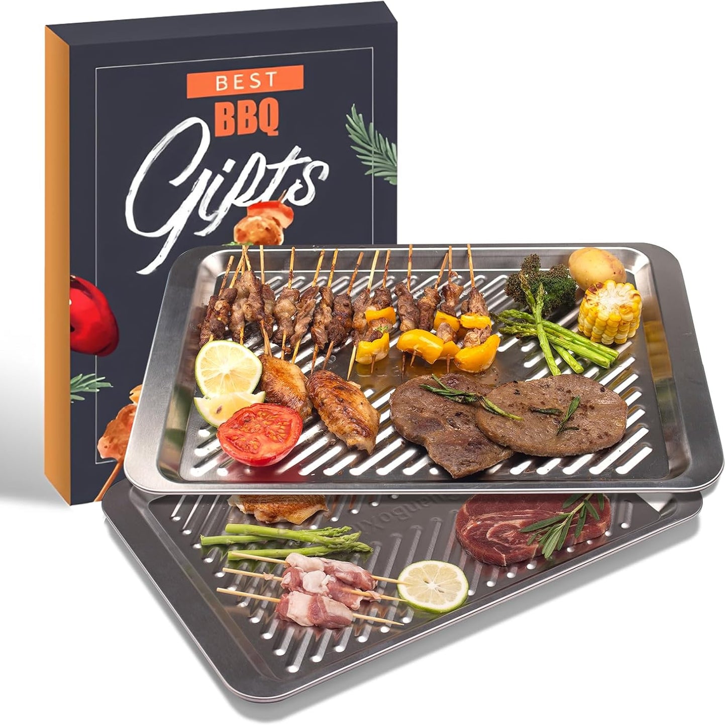 Grilling Prep and Serve Trays, Set of 2 Stackable Stainless Steel BBQ Trays, Deep Marinating Container, Serving Platter for Plating Food, BBQ Prep Tub for Marinating Meats, Grill Accessories