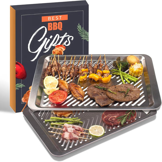 Grilling Prep and Serve Trays, Set of 2 Stackable Stainless Steel BBQ Trays, Deep Marinating Container, Serving Platter for Plating Food, BBQ Prep Tub for Marinating Meats, Grill Accessories