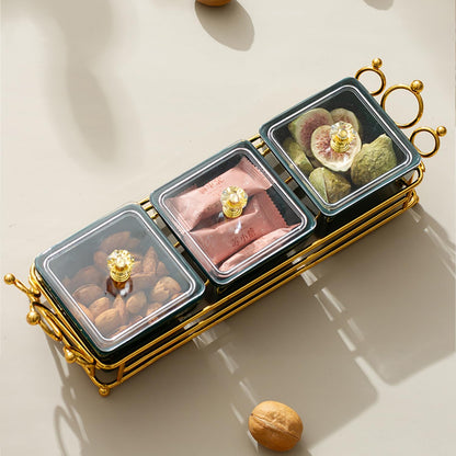 YA JU Ceramic Bowls and with Lid Gold Basket Trays, 6 Removable Small Bowls Condiment Trays Nut Serving Set for Snacks, Fruits, Candy and Condiments -Great for Parties, Holiday Gifts, White