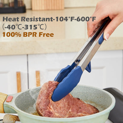 Silicone Tongs for Cooking, 3Pcs Stainless Steel Kitchen Tong with Silicone Tips, Heat Resistant Food Grade Small Serving Tong for BBQ Salad, Blue(7"+9"+12")