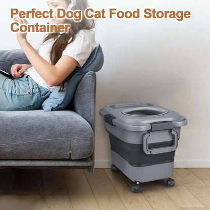 Dog Food Storage Container，10-25 lbs Airtight Collapsible Cat Food Storage Container with Attachable Wheels, Portable Handle, Dog Food Scoop for Dog Cat Bird Pet Dry Food Storage Bin Light Grey