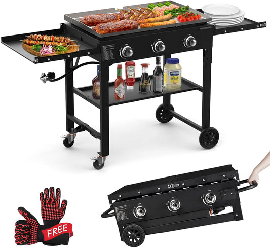 Propane Gas Griddle Charcoal Grill Combo Flat Top Griddle W/Dual Lids & 2 Side Shelves Dual Fuel BBQ Grill for Outdoor Barbecue