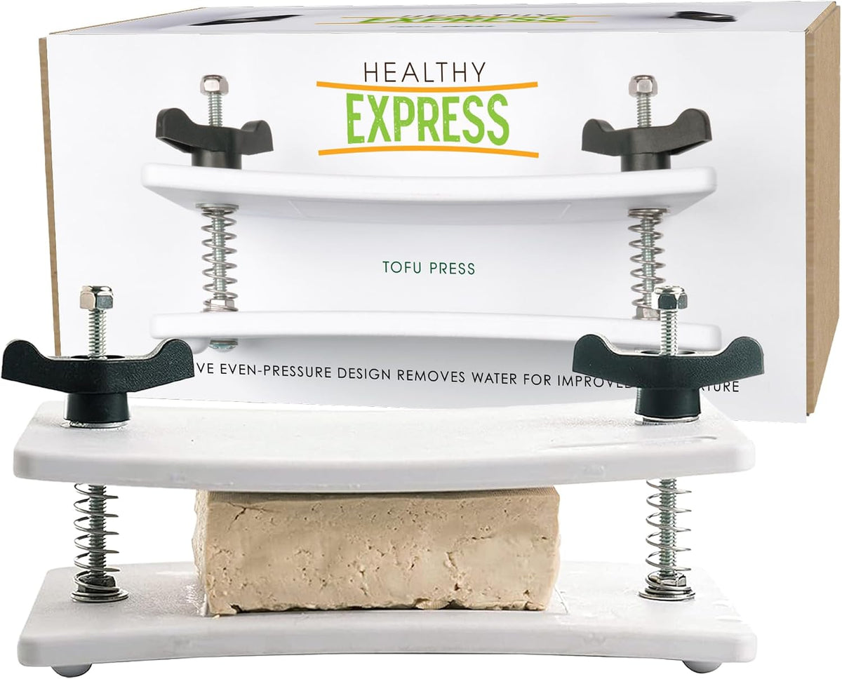 Extra Firm Tofu Press by Healthy Express - Premium Curved Plates for Superior Pressing Results on Firm and Extra Firm Tofu. Healthy Eating is Now Easier. (2-Post/2-Spring)