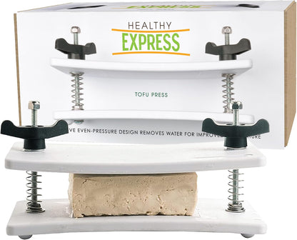 Extra Firm Tofu Press by Healthy Express - Premium Curved Plates for Superior Pressing Results on Firm and Extra Firm Tofu. Healthy Eating is Now Easier. (2-Post/2-Spring)