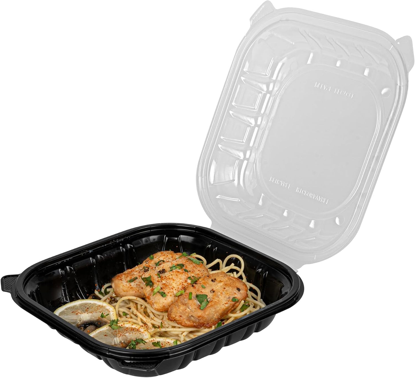 Thermo Tek 40 Ounce Clamshell Containers, 50 Disposable Take Out Boxes - 3 Compartments, Ventilated Lids, Black Plastic Meal Prep Containers, Microwavable, For Pasta Or Salads - Restaurantware