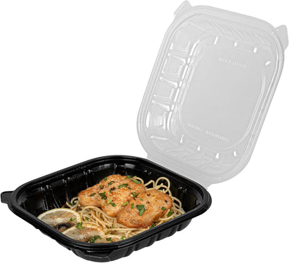 Thermo Tek 40 Ounce Clamshell Containers, 50 Disposable Take Out Boxes - 3 Compartments, Ventilated Lids, Black Plastic Meal Prep Containers, Microwavable, For Pasta Or Salads - Restaurantware