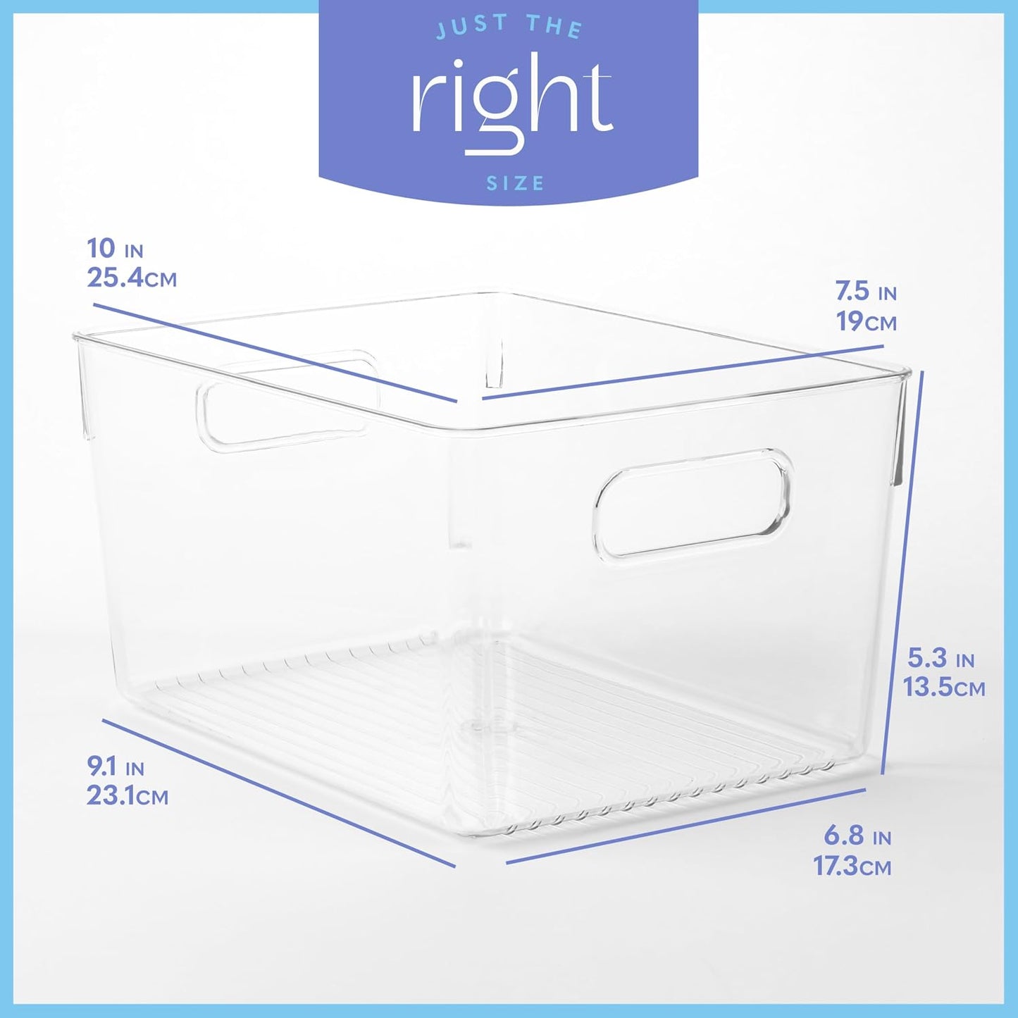 Plastic Food Storage 4 Pack Clear Container Bin with Handles for Organizing Kitchen, Pantry, Refrigerator, Freezer, Pantry, Cabinet, Closet, Bathroom. Stackable 10”x6”x3”