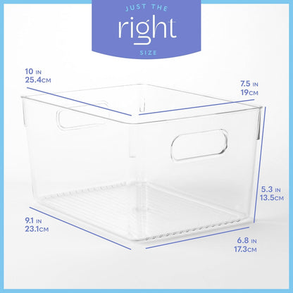 Plastic Food Storage 4 Pack Clear Container Bin with Handles for Organizing Kitchen, Pantry, Refrigerator, Freezer, Pantry, Cabinet, Closet, Bathroom. Stackable 10”x6”x3”
